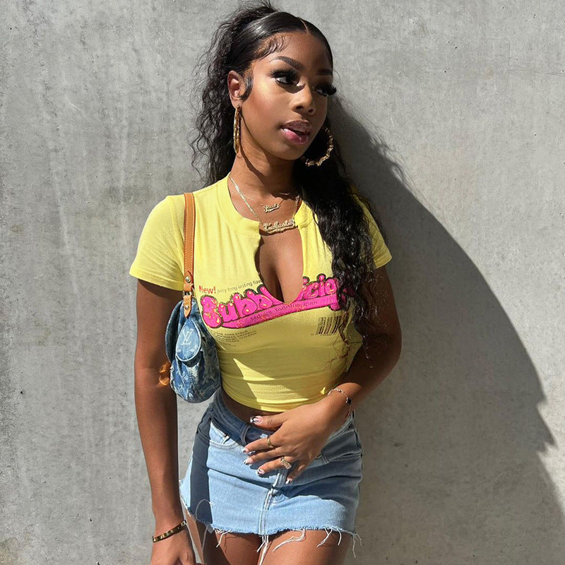 Basic Letter Printed Hollow-Out Short-Sleeved T-Shirt Women'S All-Match Top