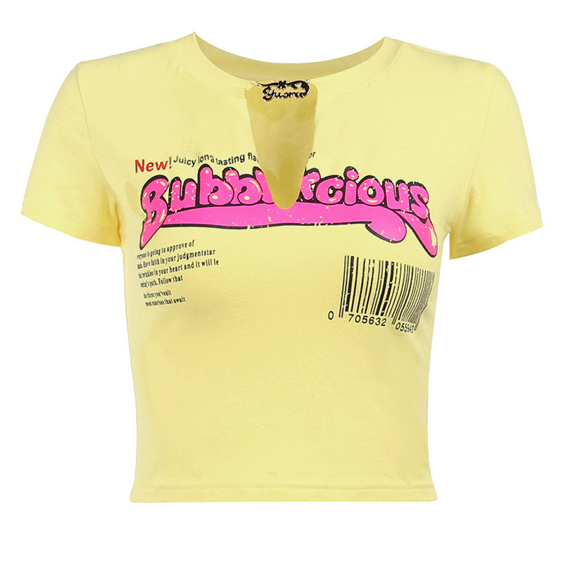 Basic Letter Printed Hollow-Out Short-Sleeved T-Shirt Women'S All-Match Top