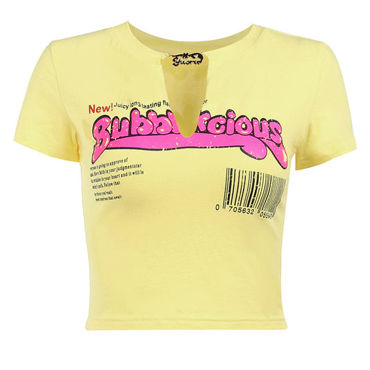 Basic Letter Printed Hollow-Out Short-Sleeved T-Shirt Women'S All-Match Top